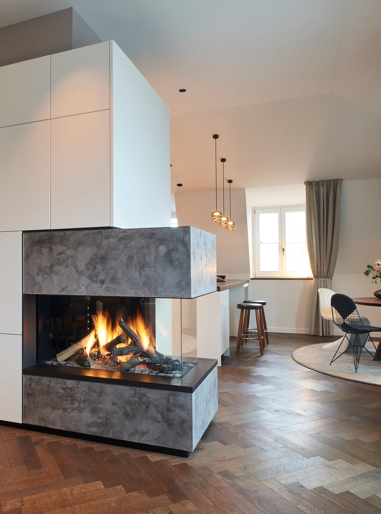 White kitchen with gas fireplace